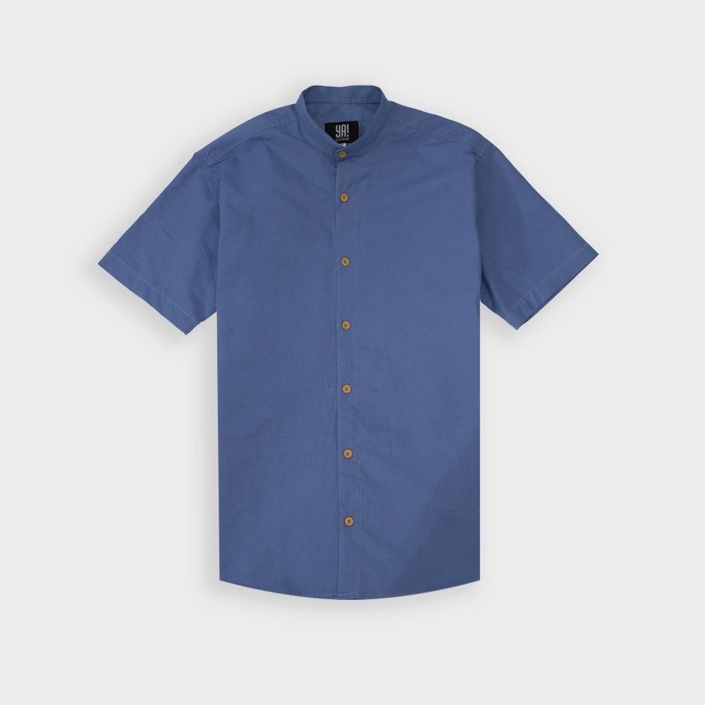 Camisa masculina gola padre de linho azul